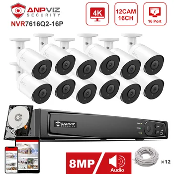 Anpviz 16CH 4K NVR Anpviz 12pcs 8MP POE IP-камера Система Внутренней/Наружной IP-камеры CCTV Комплект Видеонаблюдения IP66 30m Пульт дистанционного Управления
