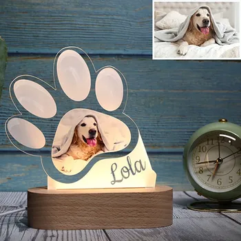Персонализированная домашняя собака, Кошачья лапа, USB светодиодный ночник, Пользовательские милые фото и имя, 3D настольная лампа для подарков любителям собак, деревянная основа