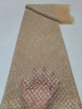 Тяжелая кружевная ткань ручной работы из бисера, роскошная свадебная ткань 2023, высокое качество, 5 ярдов, блестки, материал для французского тюлевого платья